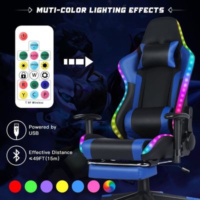 Προσαρμοσμένη έγχρωμη δερμάτινη RGB gaming περιστρεφόμενη καρέκλα με LED light bar και λειτουργία μασάζ