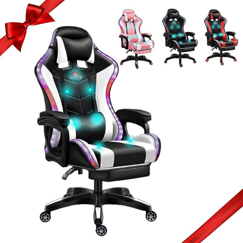 ALINUNU PC Massage Gaming Chair Swivel Racing LED Chair με ομιλητές και οσφυϊκό μαξιλάρι